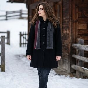 VTG Bromley Black Wool Coat with Matching Scarf, Size 16